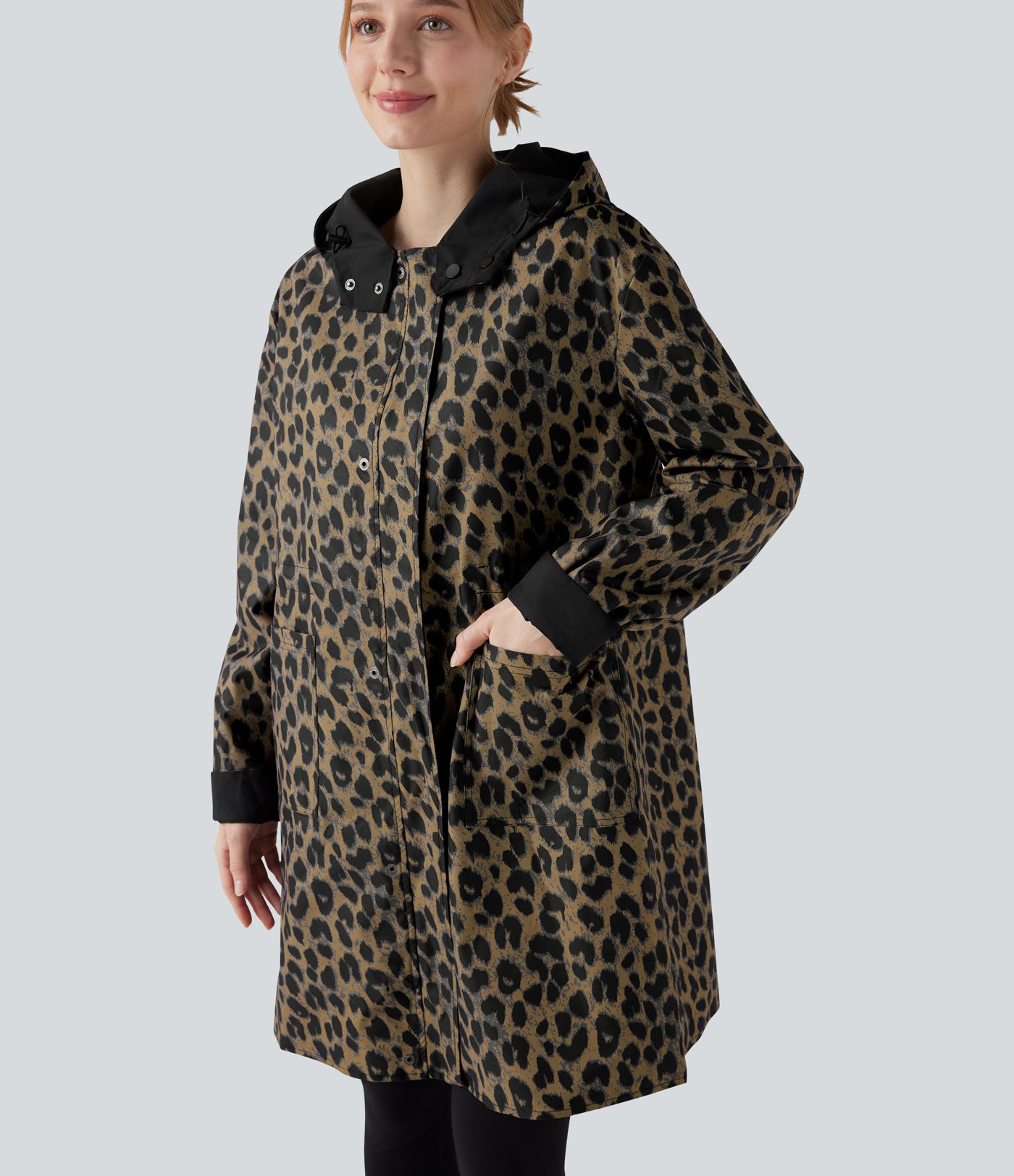 Veste de randonnée longue réversible à capuche, manches longues et imprimé léopard avec poches (deux looks en un)