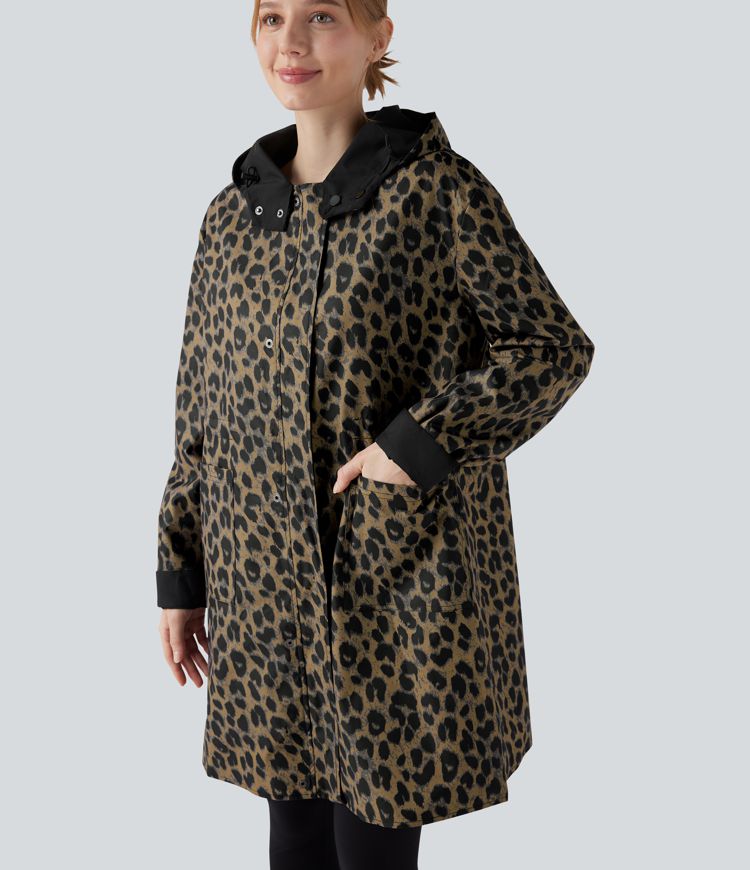 Veste de randonnée longue réversible à capuche, manches longues et imprimé léopard avec poches (deux looks en un)