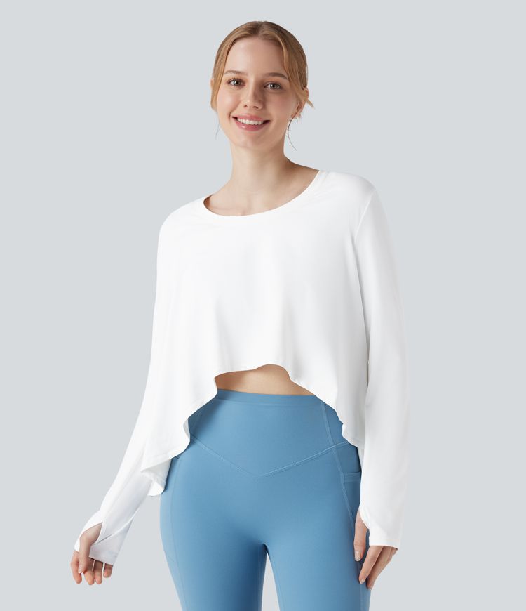 Scoop Neck Long Sleeve Thumb Hole High Low Yoga Sports Top