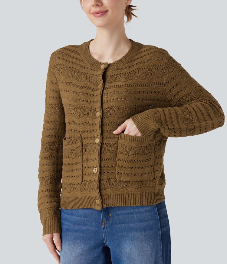 Cardigan de travail col rond à manches longues avec boutonnage et découpes avec poches