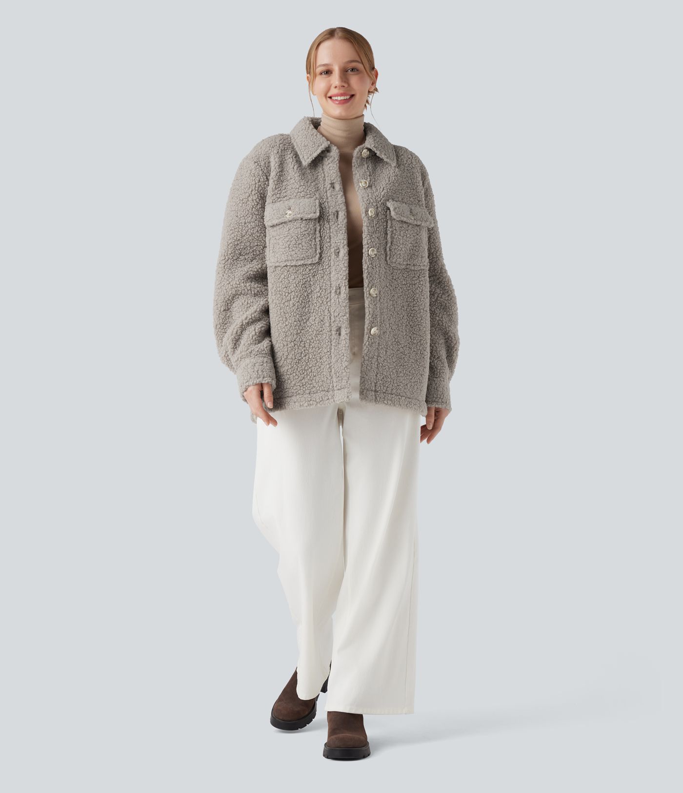 Long Sleeve Casual Sherpa Jacket with Pockets