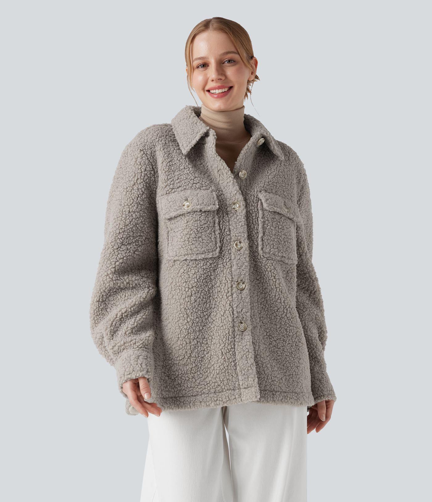 Long Sleeve Casual Sherpa Jacket with Pockets