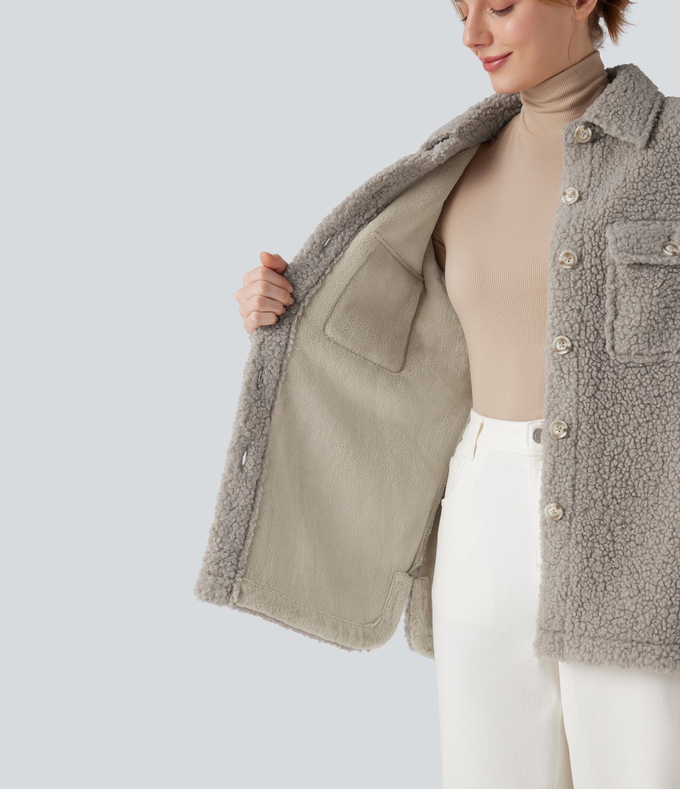 Long Sleeve Casual Sherpa Jacket with Pockets