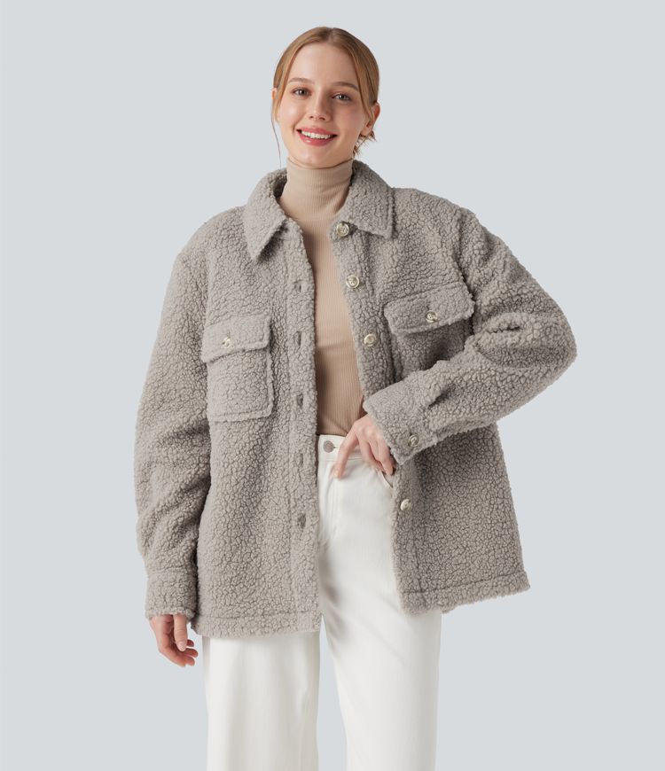 Lässige Sherpa-Jacke mit Brusttaschen und langen Ärmeln