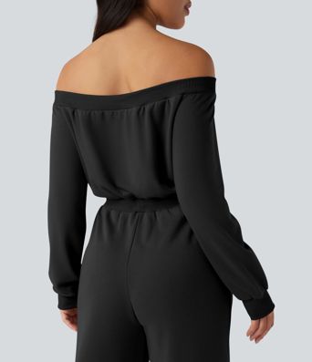 Off-shoulder Long Sleeve Drawstring Casual Jumpsuit with Pockets