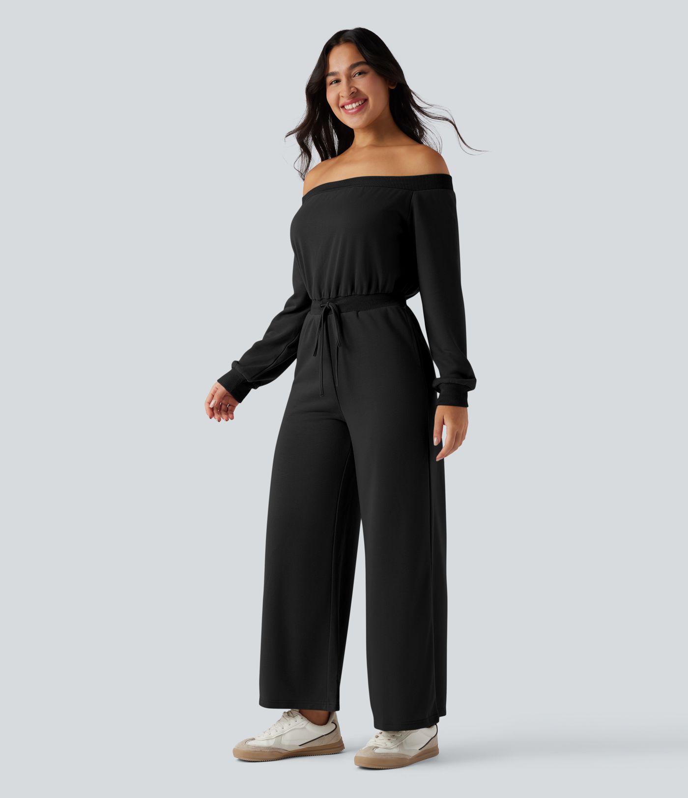 Off-shoulder Long Sleeve Drawstring Casual Jumpsuit with Pockets