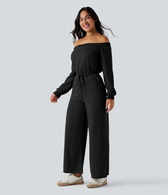 Off-shoulder Long Sleeve Drawstring Casual Jumpsuit with Pockets