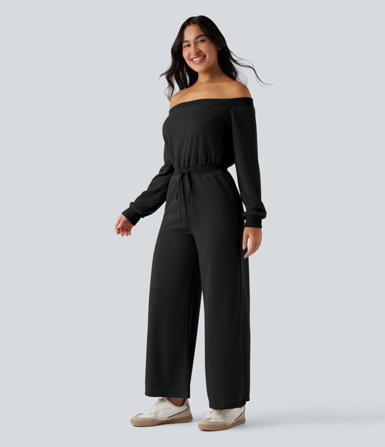 Off-shoulder Long Sleeve Drawstring Casual Jumpsuit with Pockets