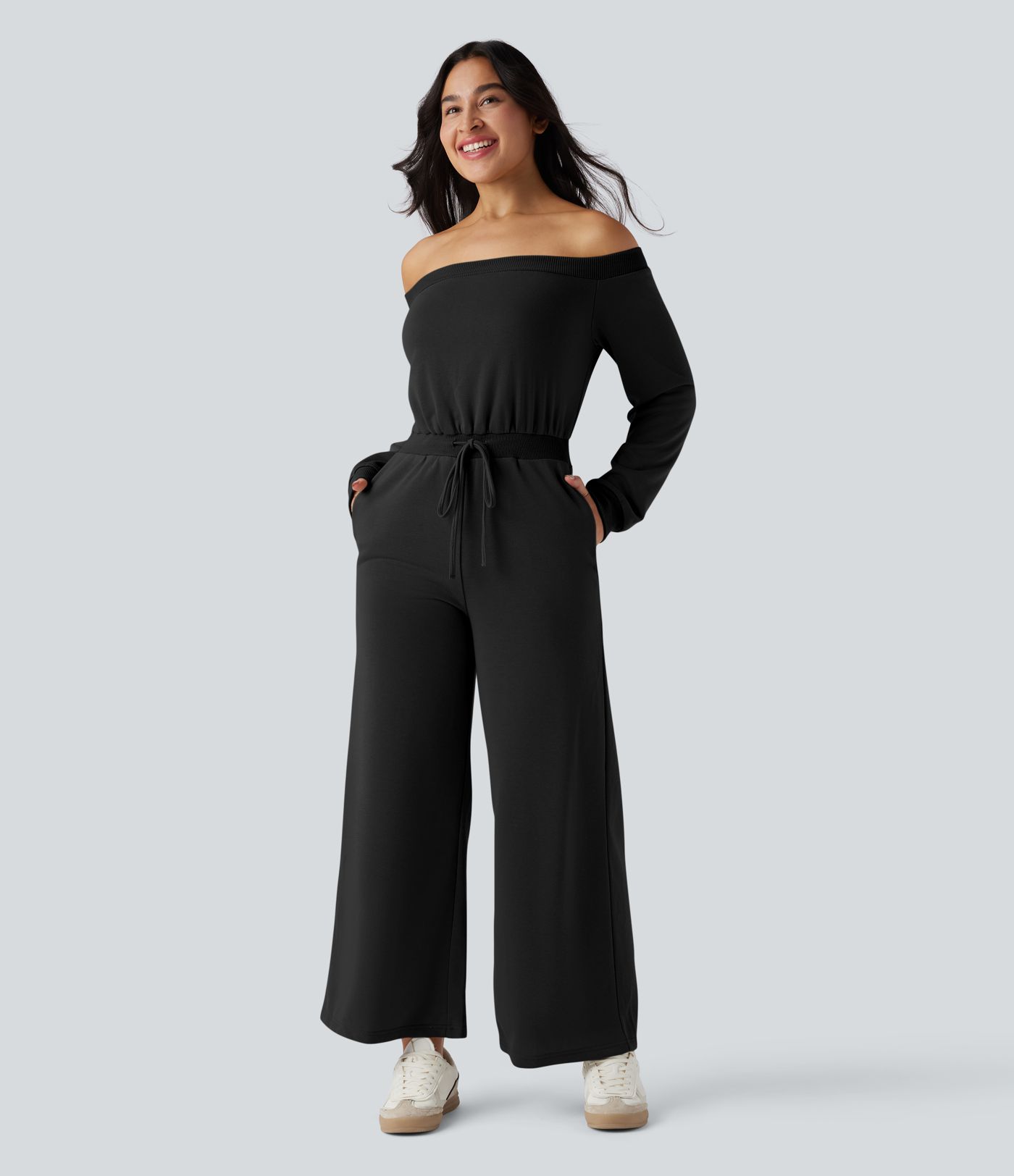 Off-shoulder Long Sleeve Drawstring Casual Jumpsuit with Pockets