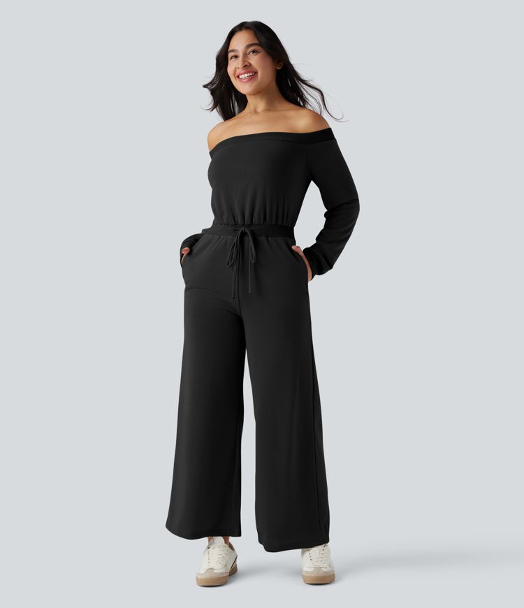 Off-shoulder Long Sleeve Drawstring Casual Jumpsuit with Pockets