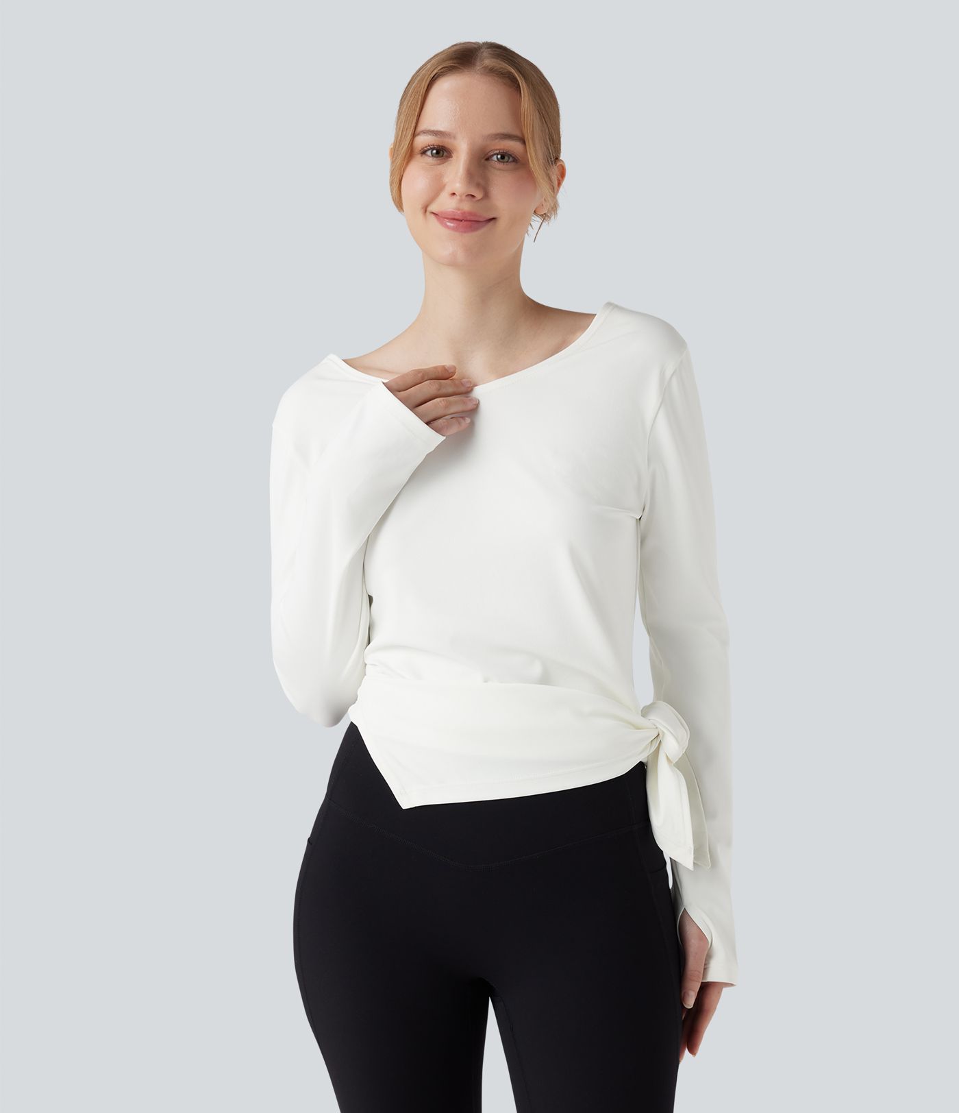 Boat Neck Long Sleeve Thumb Hole Tie Side Yoga Sports Top