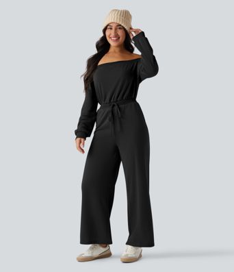 Off-shoulder Long Sleeve Drawstring Casual Jumpsuit with Pockets