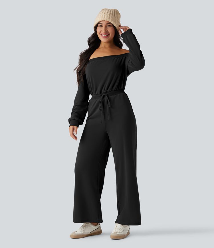Off-shoulder Long Sleeve Drawstring Casual Jumpsuit with Pockets