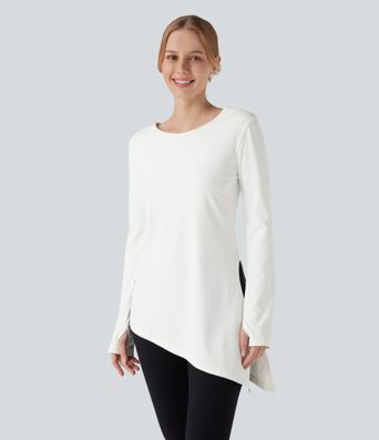 Boat Neck Long Sleeve Thumb Hole Tie Side Yoga Sports Top