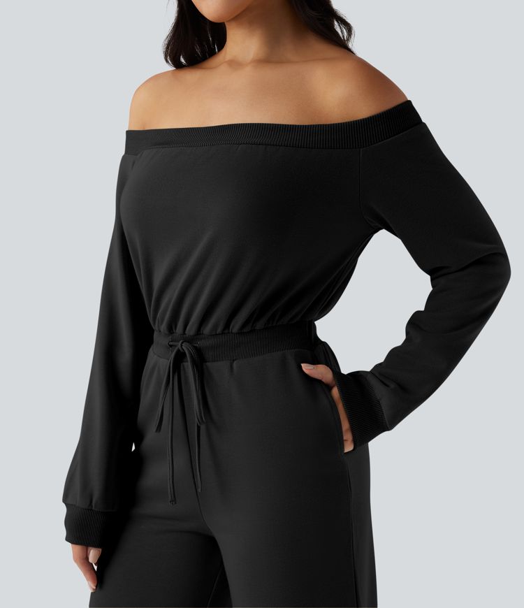 Off-shoulder Long Sleeve Drawstring Casual Jumpsuit with Pockets