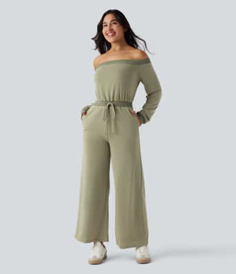 Off-shoulder Long Sleeve Drawstring Casual Jumpsuit with Pockets