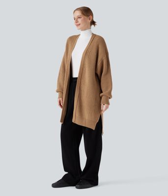 Bishop Long Sleeve Split Hem Hollow Out Casual Longline Cardigan