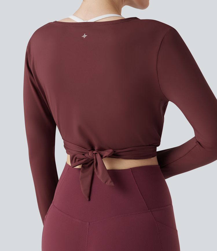 V Neck Wrapped Tie Back Long Sleeve Cropped Yoga Sports Top