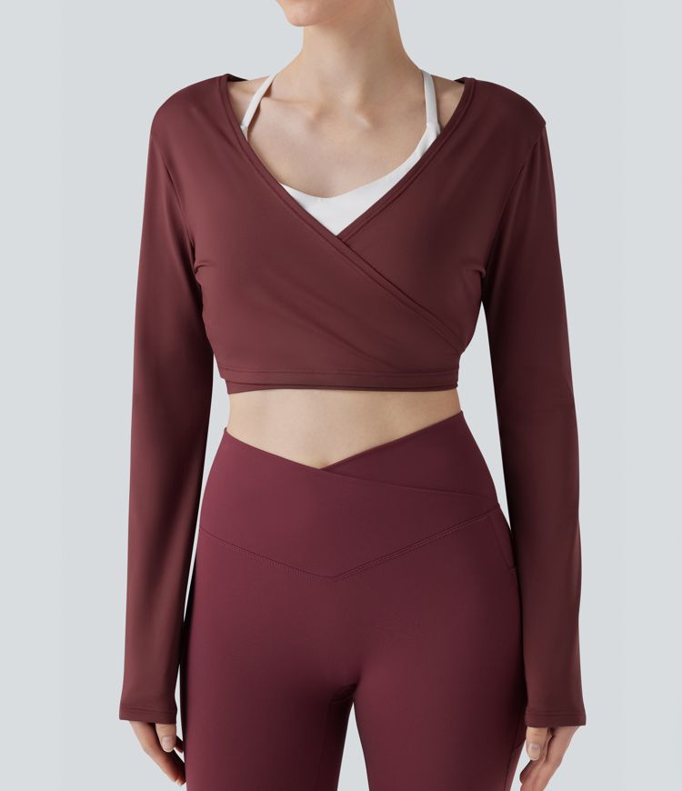 V Neck Wrapped Tie Back Long Sleeve Cropped Yoga Sports Top