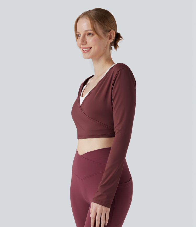 V Neck Wrapped Tie Back Long Sleeve Cropped Yoga Sports Top