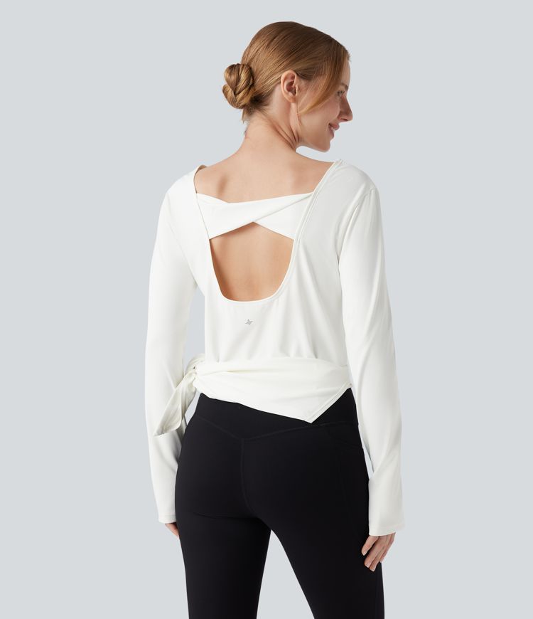 Boat Neck Long Sleeve Thumb Hole Tie Side Yoga Sports Top