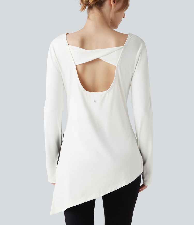 Boat Neck Long Sleeve Thumb Hole Tie Side Yoga Sports Top