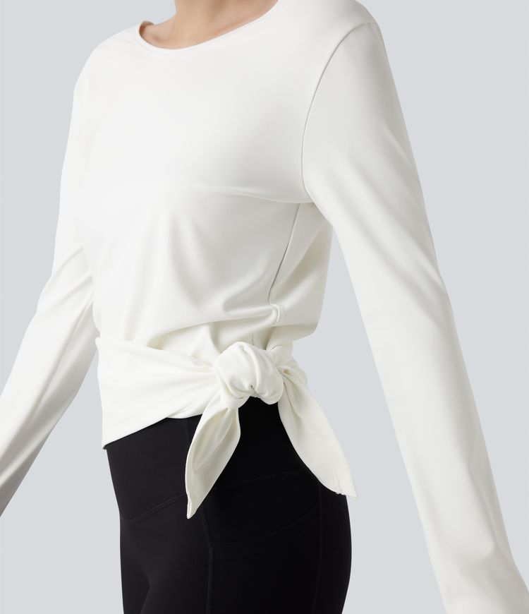 Boat Neck Long Sleeve Thumb Hole Tie Side Yoga Sports Top