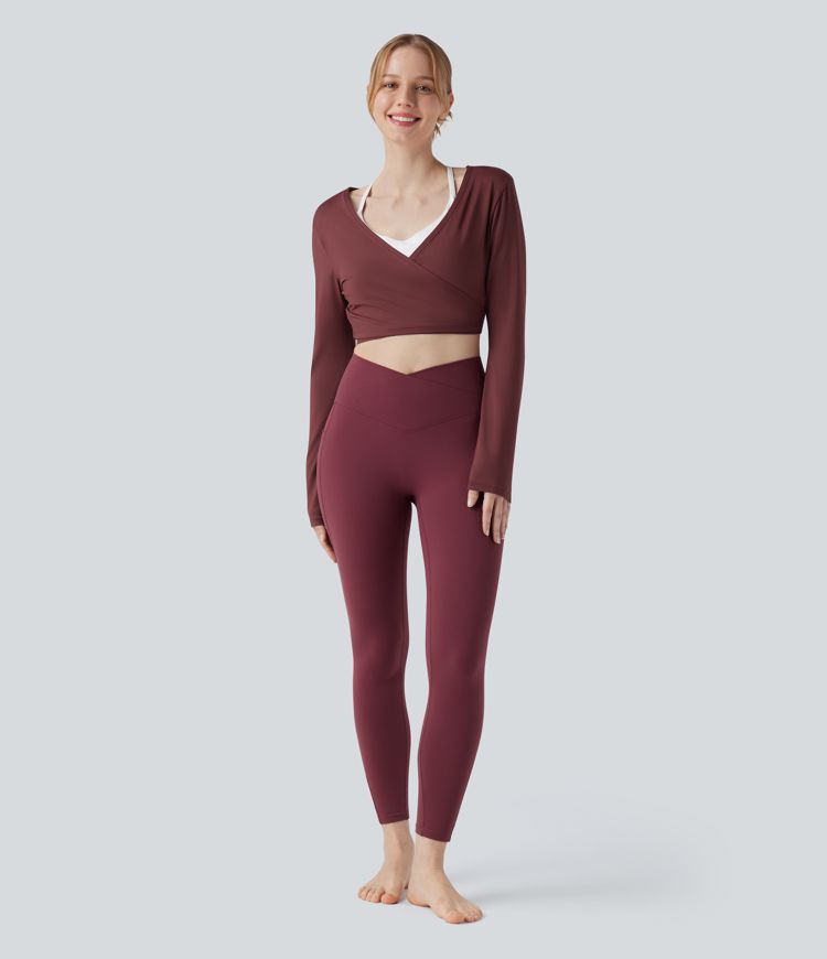V Neck Wrapped Tie Back Long Sleeve Cropped Yoga Sports Top