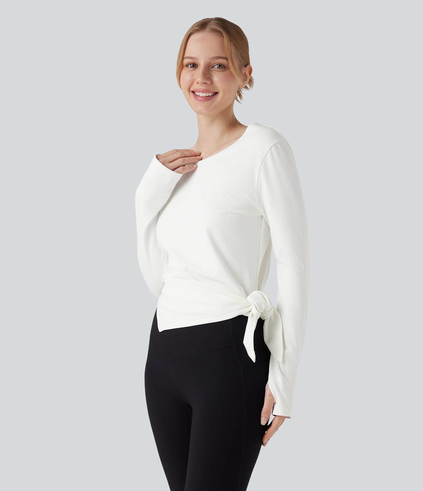 Boat Neck Long Sleeve Thumb Hole Tie Side Yoga Sports Top