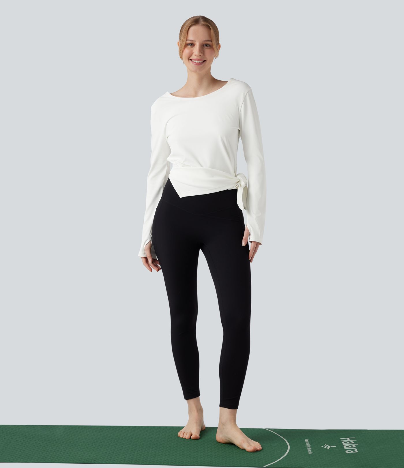 Boat Neck Long Sleeve Thumb Hole Tie Side Yoga Sports Top