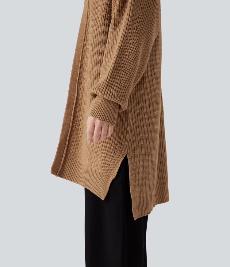 Bishop Long Sleeve Split Hem Hollow Out Casual Longline Cardigan