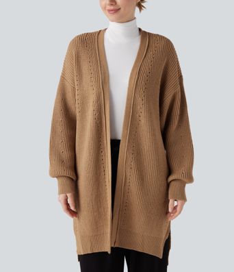 Bishop Long Sleeve Split Hem Hollow Out Casual Longline Cardigan