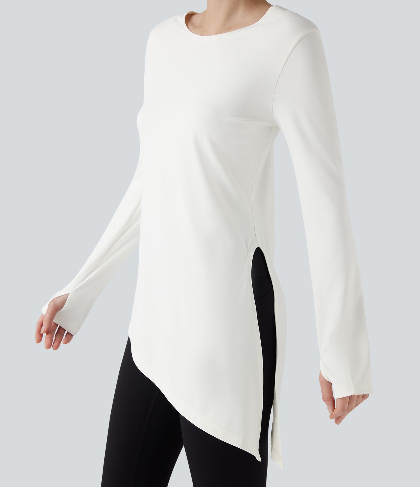 Boat Neck Long Sleeve Thumb Hole Tie Side Yoga Sports Top