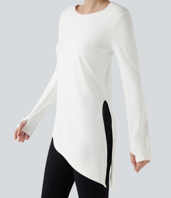 Boat Neck Long Sleeve Thumb Hole Tie Side Yoga Sports Top