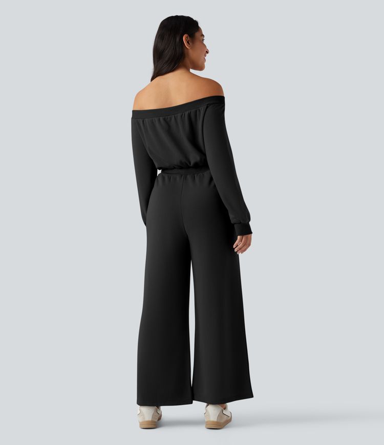 Off-shoulder Long Sleeve Drawstring Casual Jumpsuit with Pockets