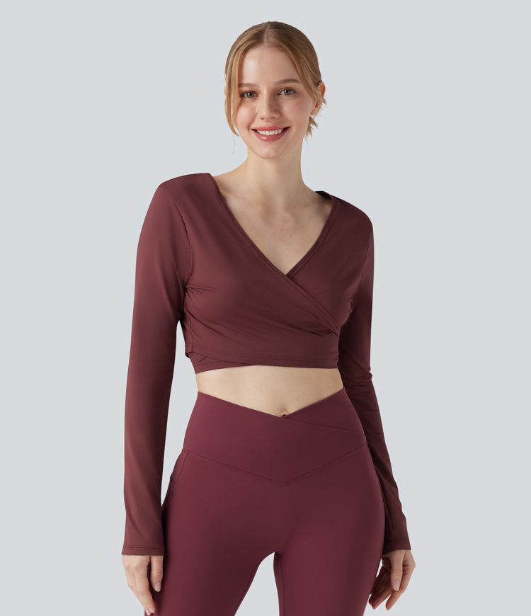 V Neck Wrapped Tie Back Long Sleeve Cropped Yoga Sports Top