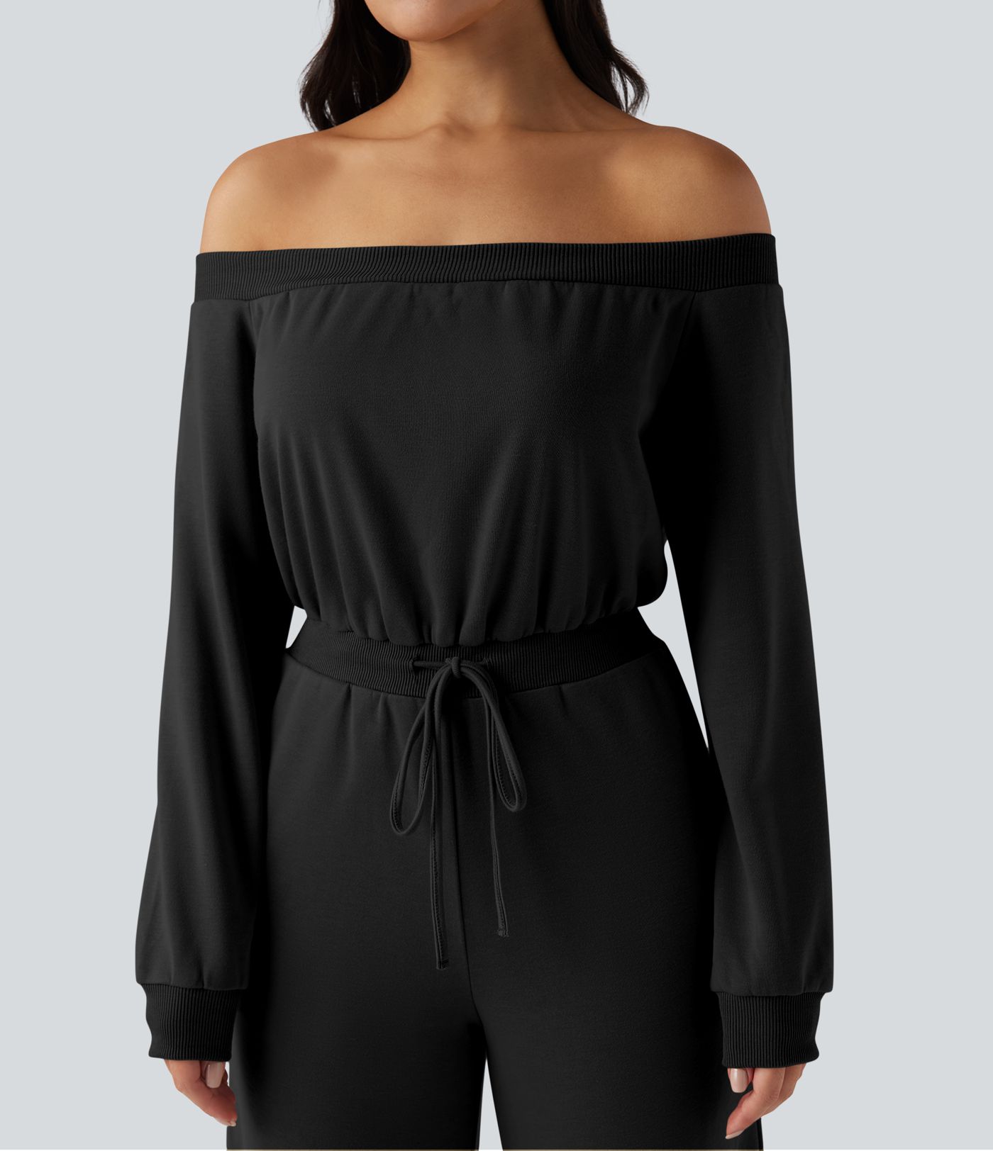 Off-shoulder Long Sleeve Drawstring Casual Jumpsuit with Pockets