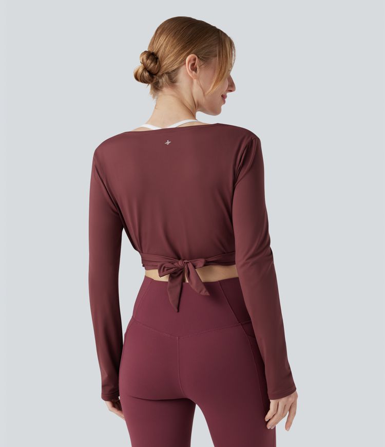 V Neck Wrapped Tie Back Long Sleeve Cropped Yoga Sports Top