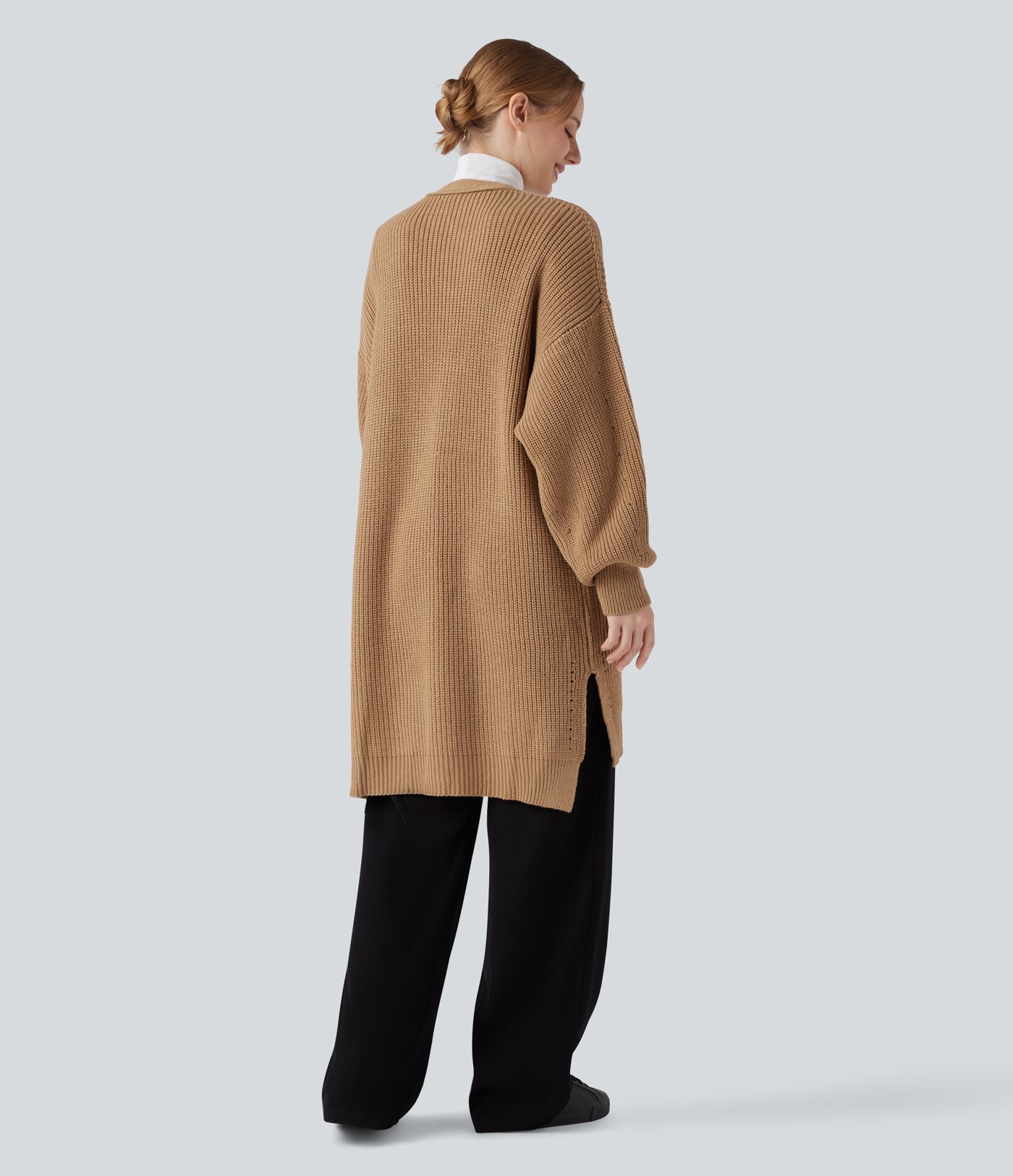 Bishop Long Sleeve Split Hem Hollow Out Casual Longline Cardigan