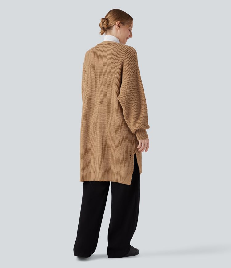 Bishop Long Sleeve Split Hem Hollow Out Casual Longline Cardigan