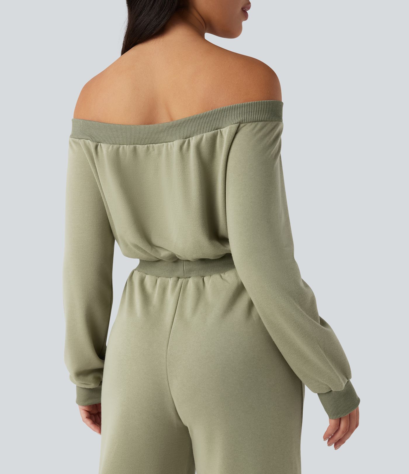 Off-shoulder Long Sleeve Drawstring Casual Jumpsuit with Pockets