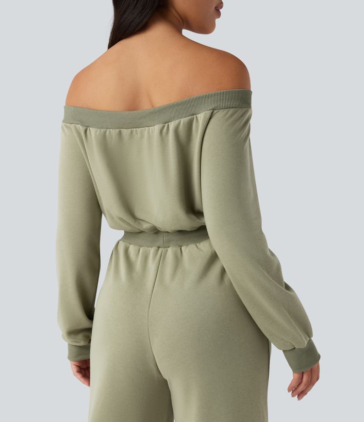 Off-shoulder Long Sleeve Drawstring Casual Jumpsuit with Pockets