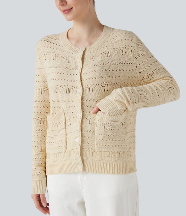 Cardigan de travail col rond à manches longues avec boutonnage et découpes avec poches