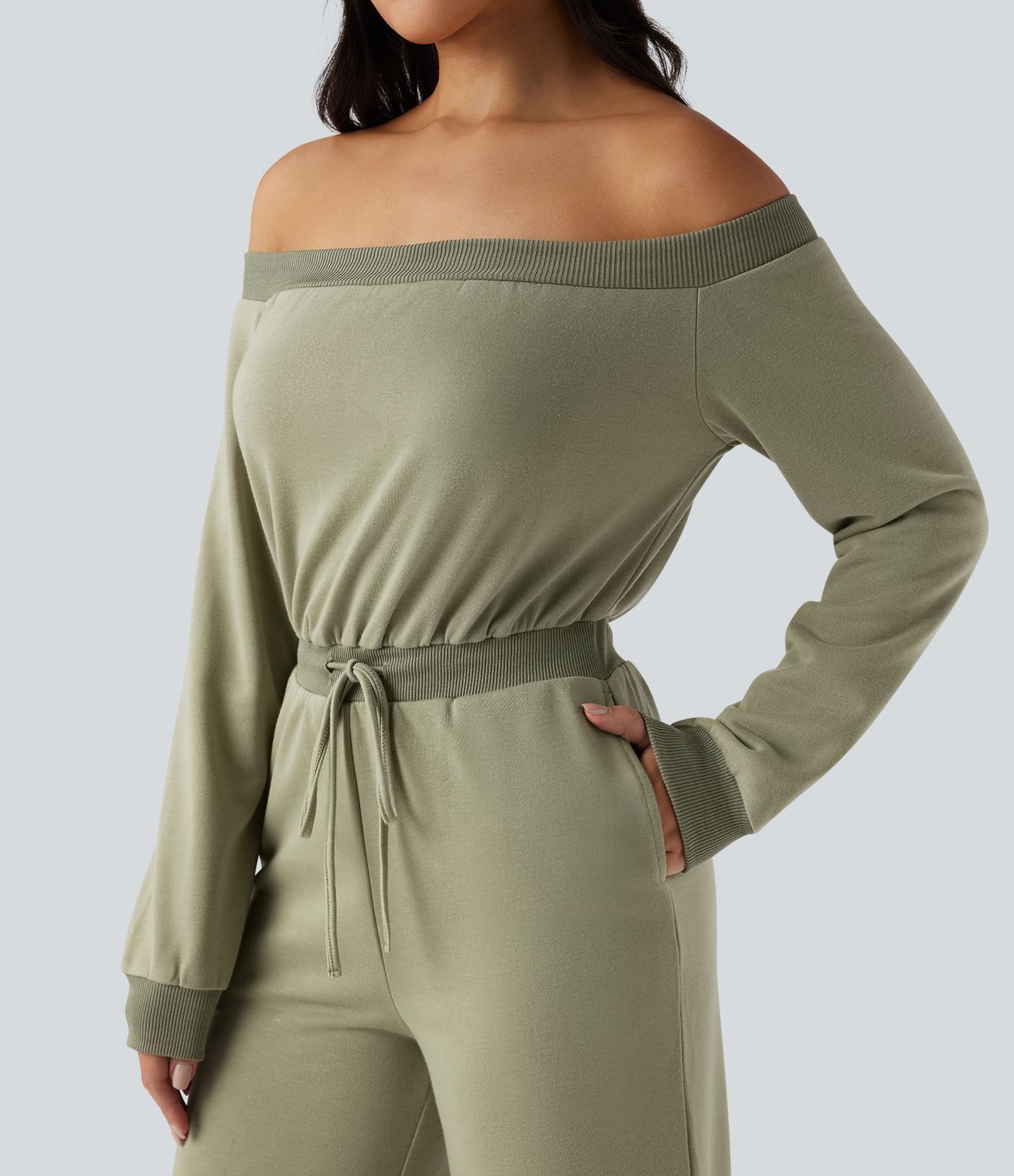 Off-shoulder Long Sleeve Drawstring Casual Jumpsuit with Pockets