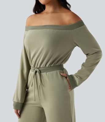 Off-shoulder Long Sleeve Drawstring Casual Jumpsuit with Pockets