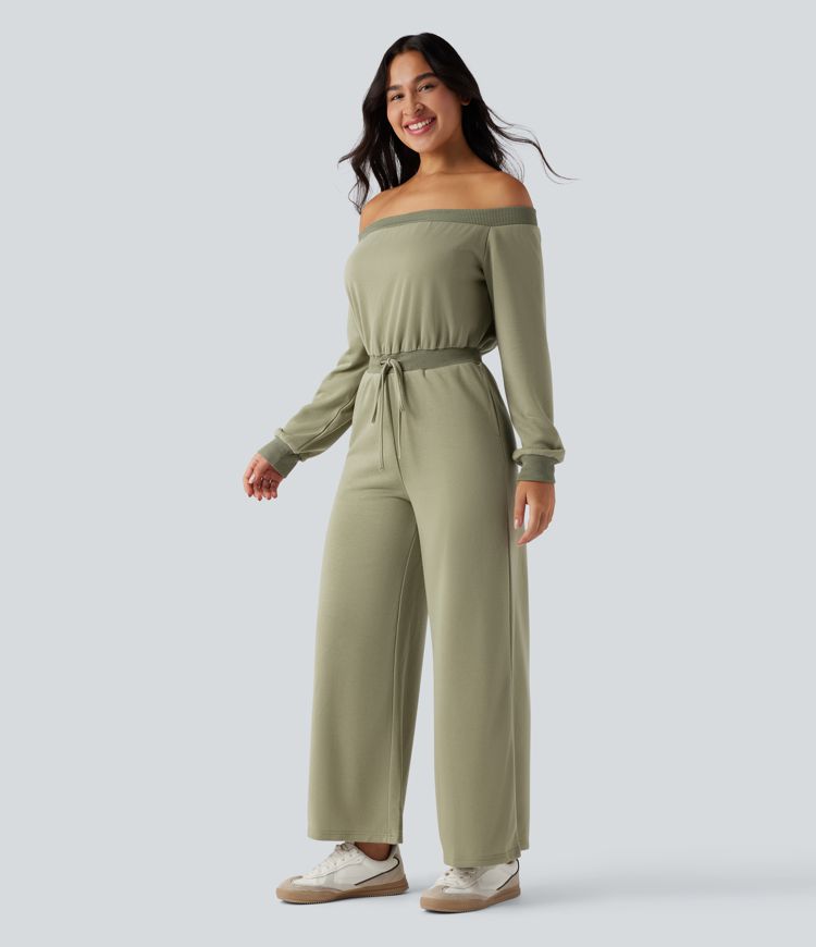Off-shoulder Long Sleeve Drawstring Casual Jumpsuit with Pockets