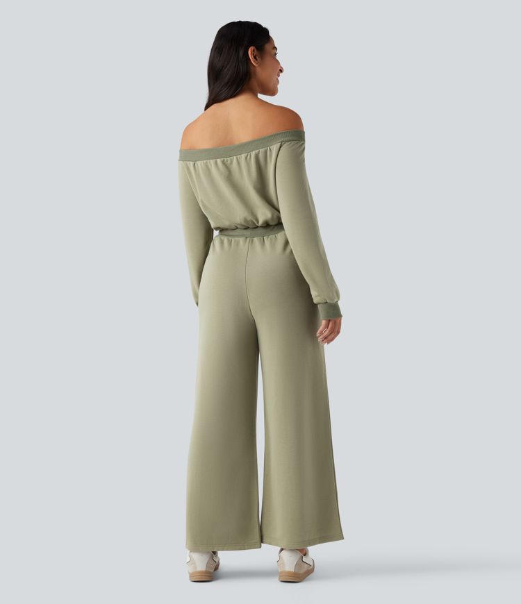 Off-shoulder Long Sleeve Drawstring Casual Jumpsuit with Pockets