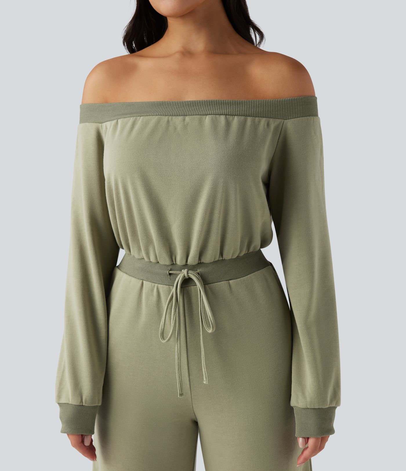 Off-shoulder Long Sleeve Drawstring Casual Jumpsuit with Pockets