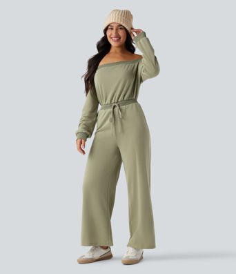 Off-shoulder Long Sleeve Drawstring Casual Jumpsuit with Pockets