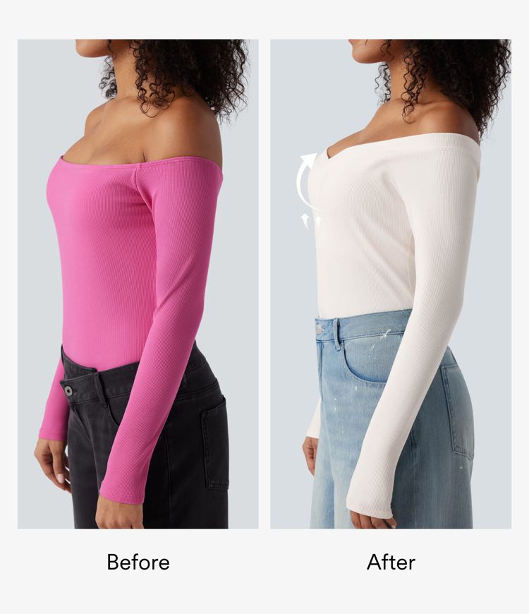 Ribbed Knit Off Shoulder Push-Up Long Sleeve Casual Top A/B Cup